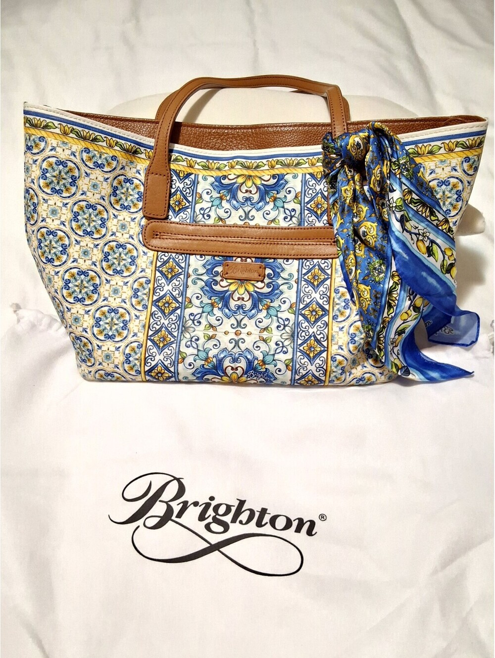 Brighton Floral Patterned Tote Bag with Leather Handles and Scarf Accent